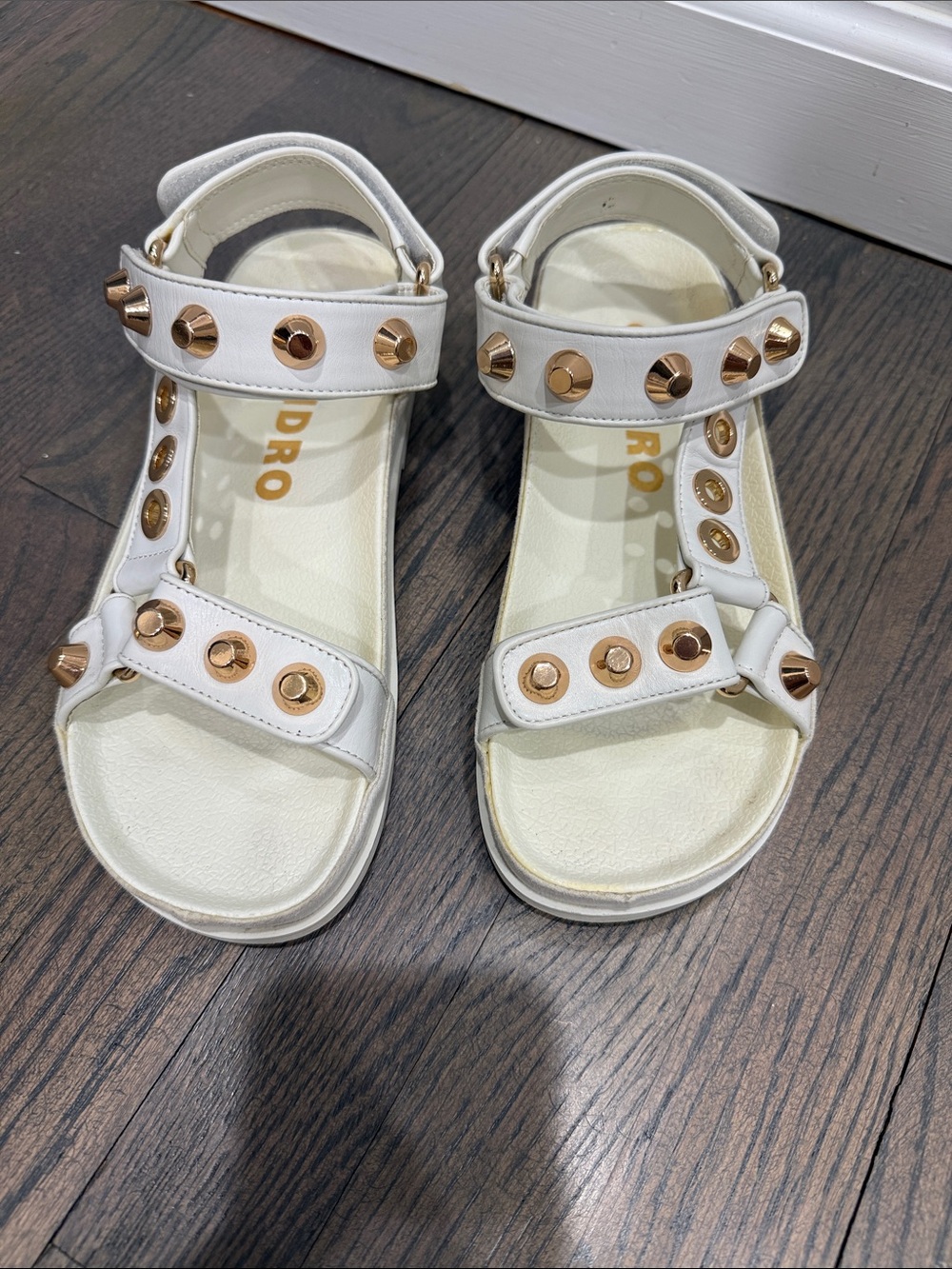 Sandro White Studded Leather Sandals with Gold Tone Hardware